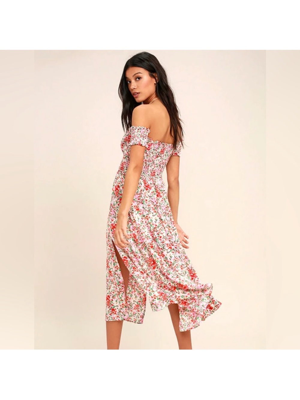 Lulu's Pink Floral Strapless Smocked Midi Dress - Picture 2 of 4